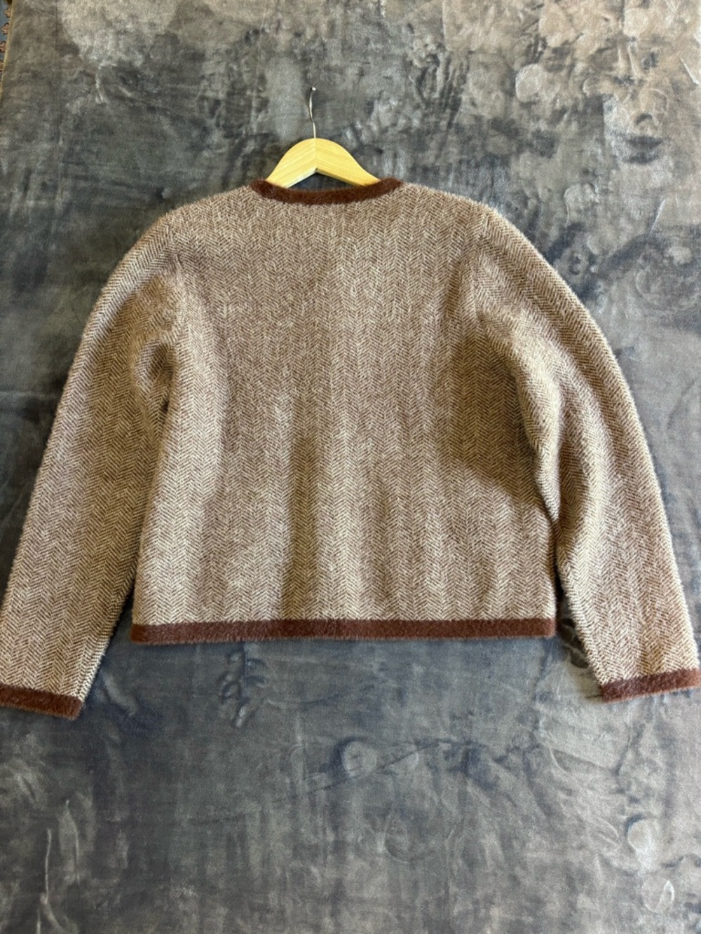 J.McLaughlin Inez Sweater Jacket XL Brown Herringbone Fuzzy Trim Button Cardigan - Picture 4 of 11